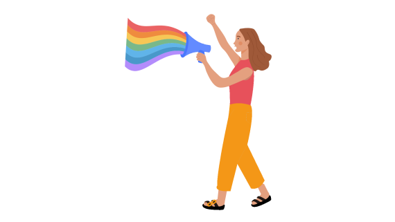 Graphik von einer weiblich gelesenen Person mit Megafon und Regenbogenfahne